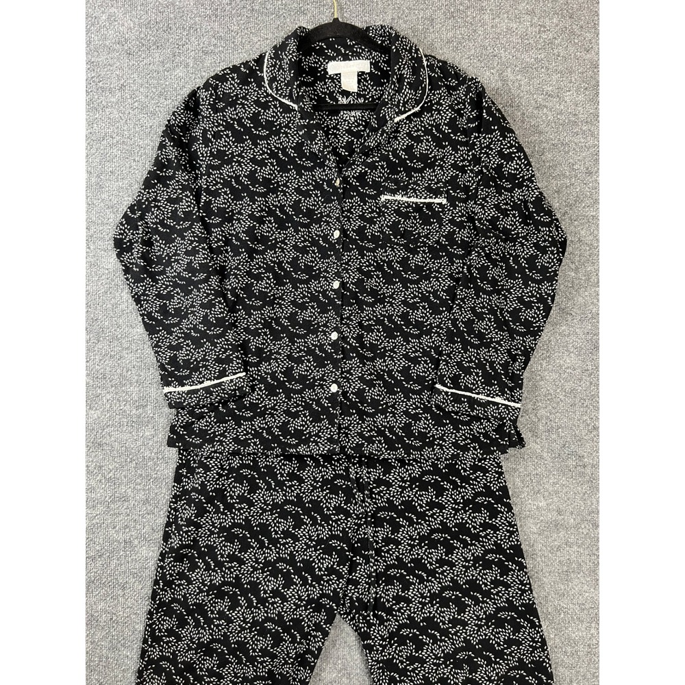 Eileen West Pajama Set Womens Large Black White Fleece Leaf Print Button Front